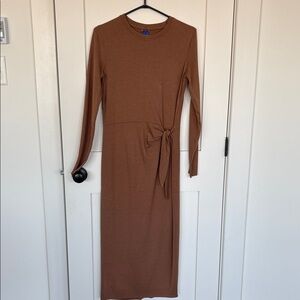 Kit and Ace Chestnut Long-Sleeve Tie-Waist Midi Dress